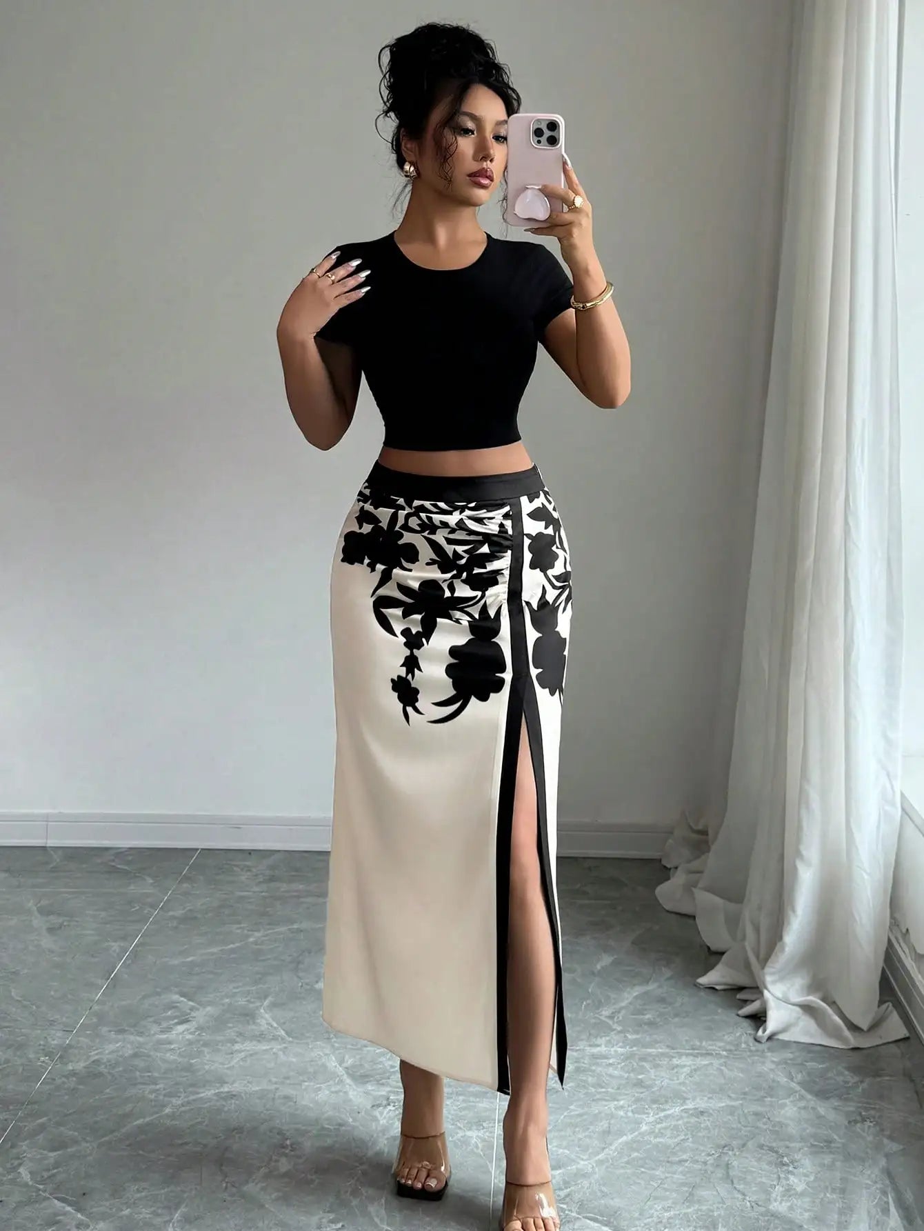 Black Floral Midi Skirt With Ruched And High Slit