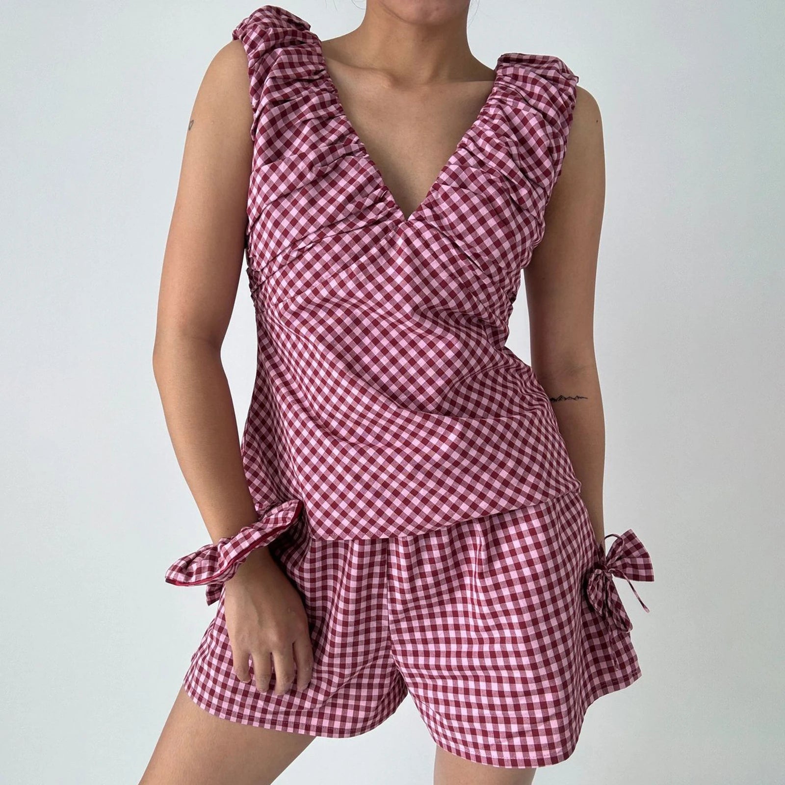 Plaid Off Shoulder Top And Bow Waist Shorts Two Piece Set With Pockets
