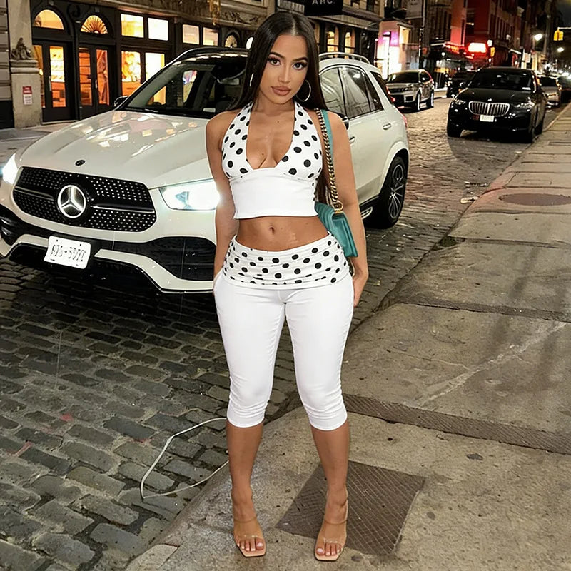 Patchwork Polka Dot Print Two Piece Set With Backless Halter Crop Top And Pleated Waist Capri Pants