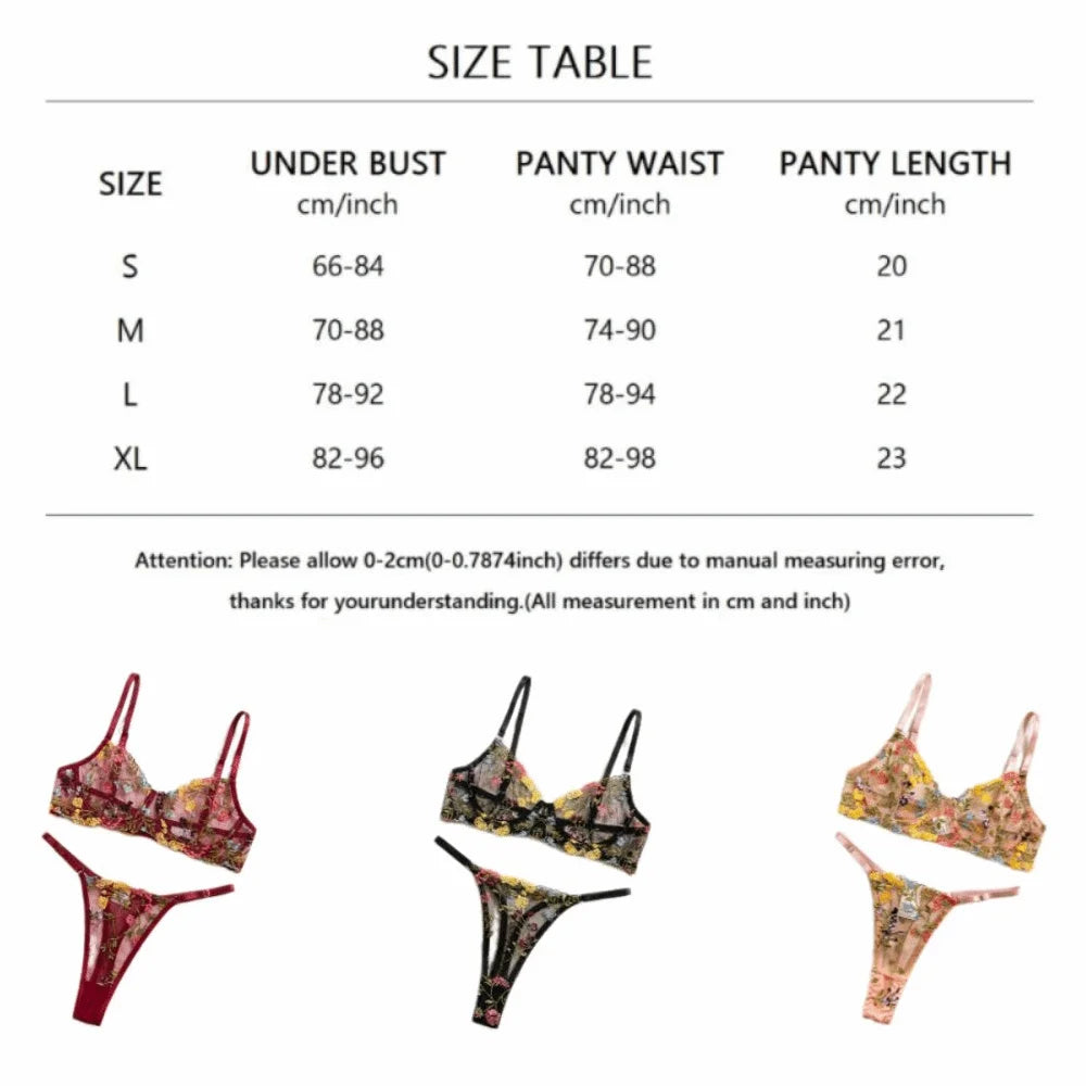 Floral Sheer Embroidery Lingerie Set With Underwire Push Up Bra And Panty Two Piece