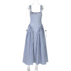 Gingham Square Neck A-Line Midi Dress With Pockets