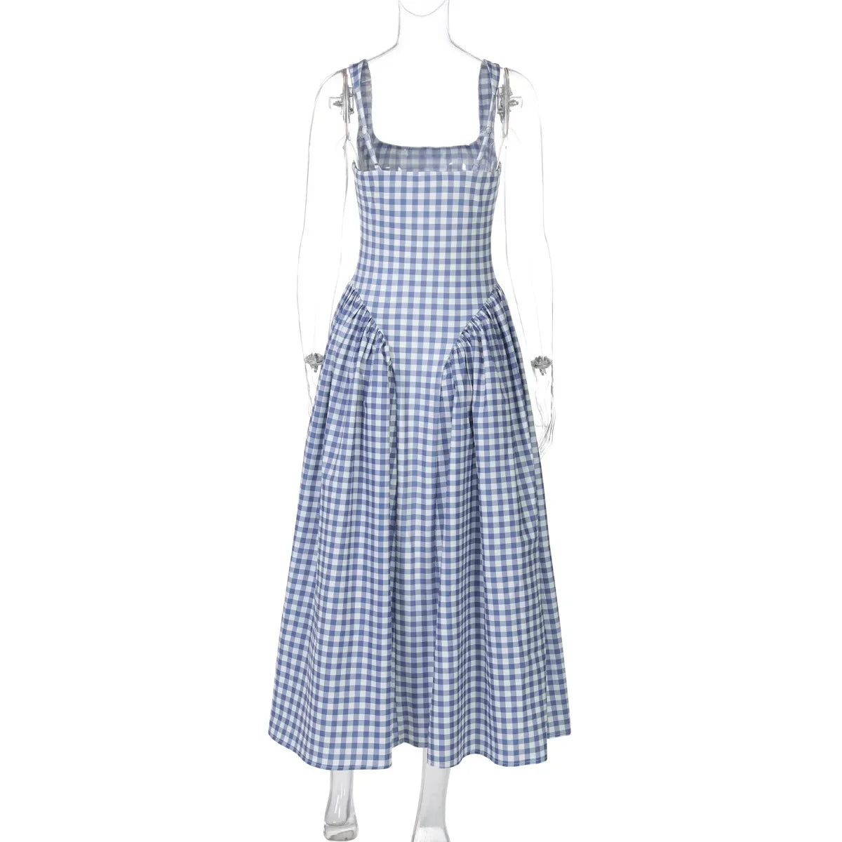 Gingham Square Neck A-Line Midi Dress With Pockets