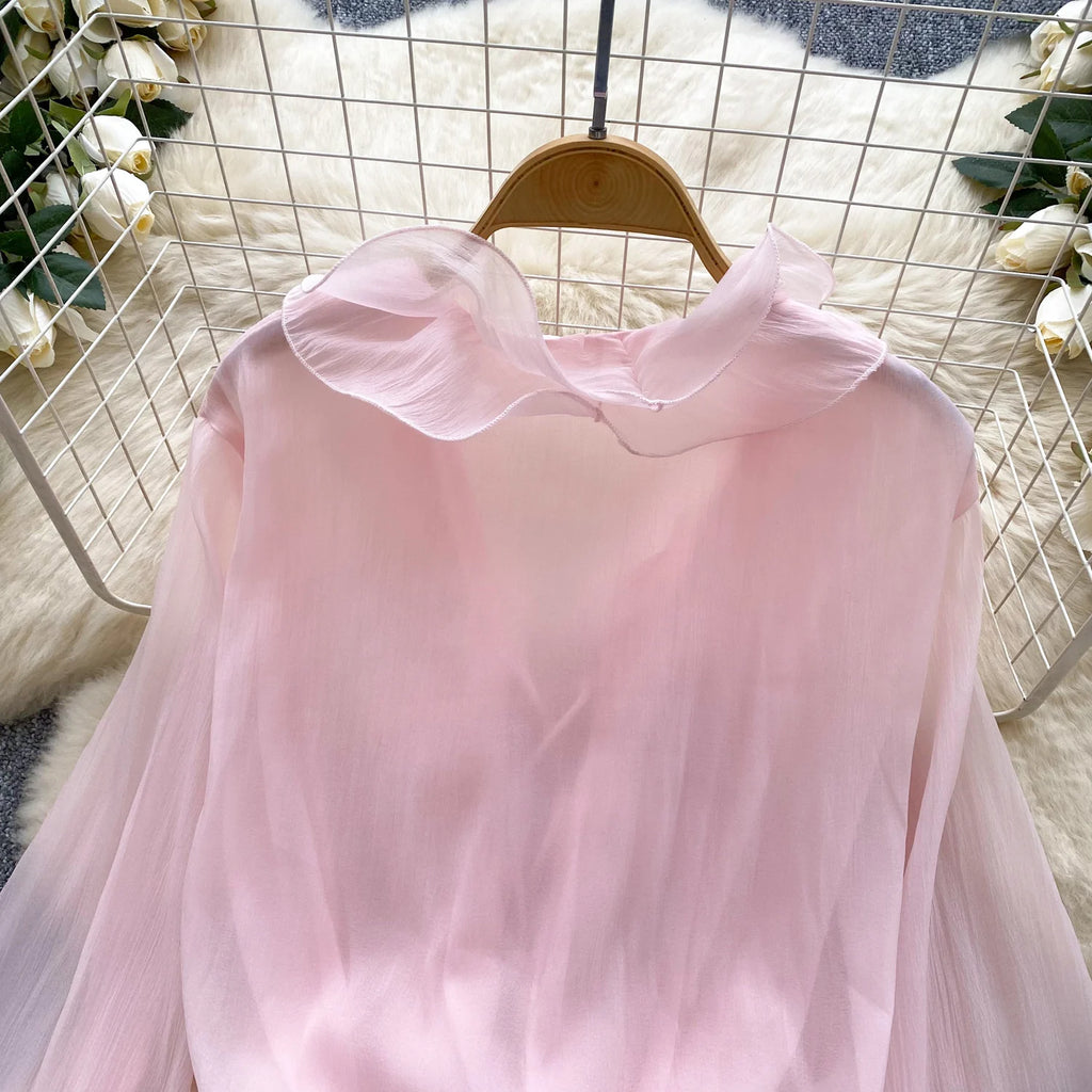 Boho 3D Floral Chiffon Sundress With Long Sleeves Lace Up Ruffle Detail