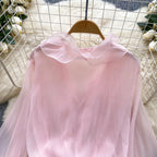 Boho 3D Floral Chiffon Sundress With Long Sleeves Lace Up Ruffle Detail
