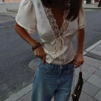 Lace Splicing Female Chic Bow Lace-up V Neck Short Sleeve Shirt
