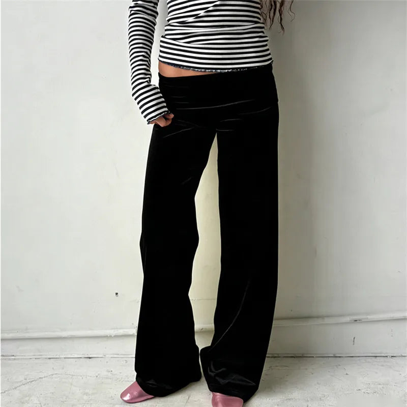 Soft Wide Leg Trousers With Fold Over Waist Solid Color Casual Bottoms
