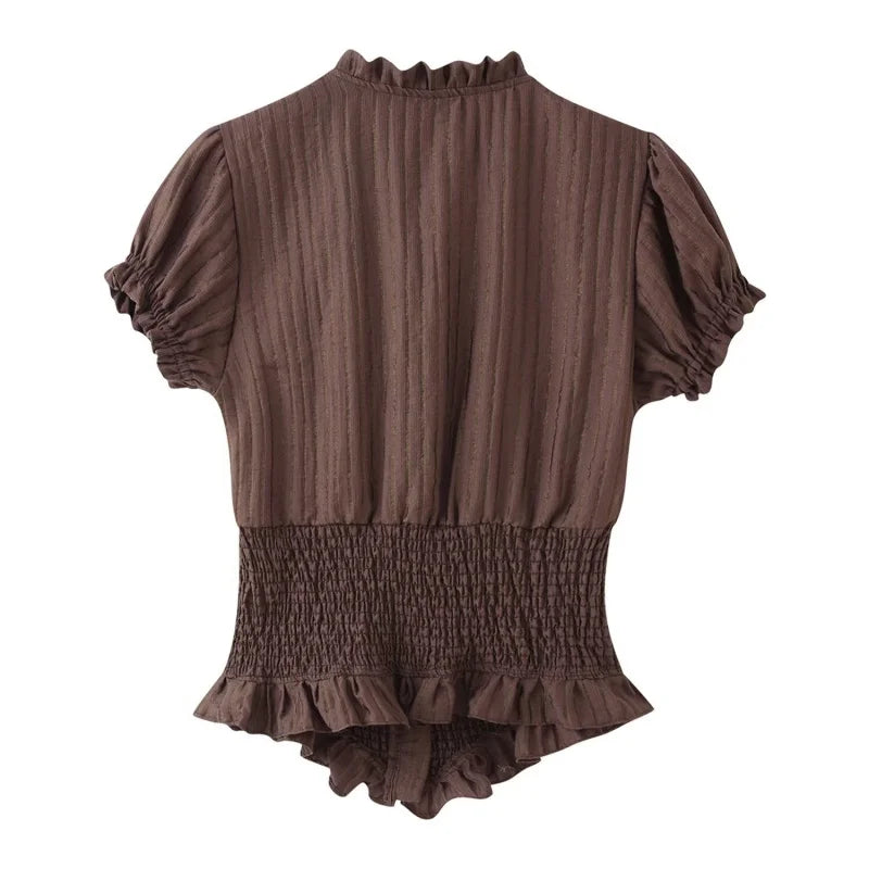 Lightweight Blouse With Puff Sleeves Tie Neck Ruffle Collar Retro Style