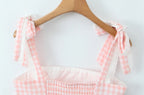 Women New Fashion Sweet Plaid Chic Lace Patchwork French Square Collar Backless Top