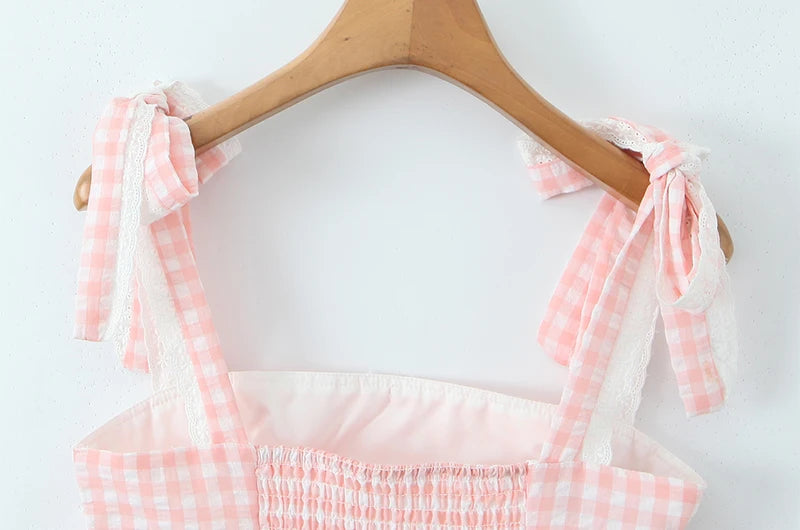 Women New Fashion Sweet Plaid Chic Lace Patchwork French Square Collar Backless Top