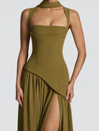Olive Green Maxi Dress With Scarf Flowy Silhouette