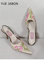 Floral Embroidered Slingback Stiletto Sandals With Pointed Toe High Heels