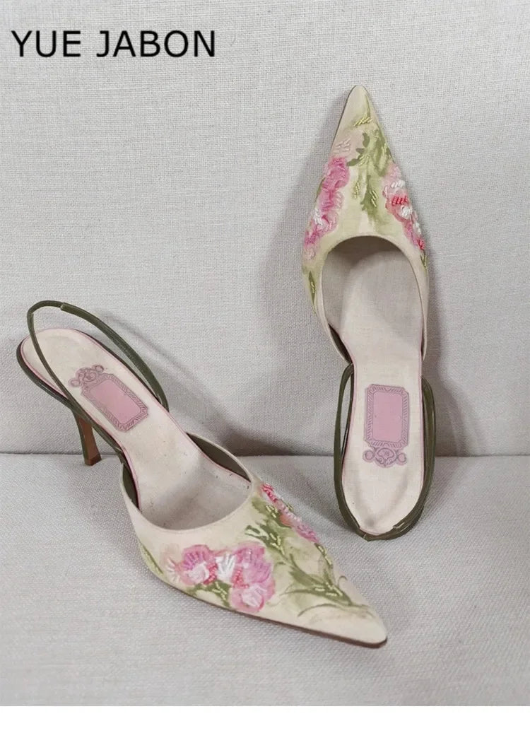 Floral Embroidered Slingback Stiletto Sandals With Pointed Toe High Heels
