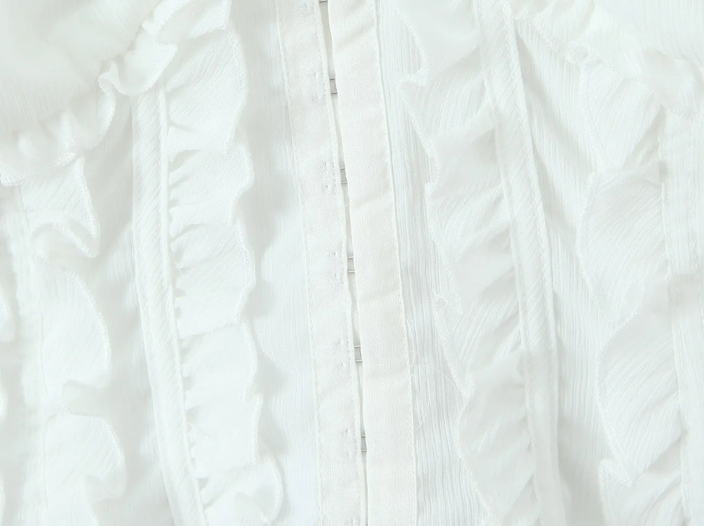 Sunlit Vintage Puff Sleeve V Neck White Chiffon Crop Top Blouse