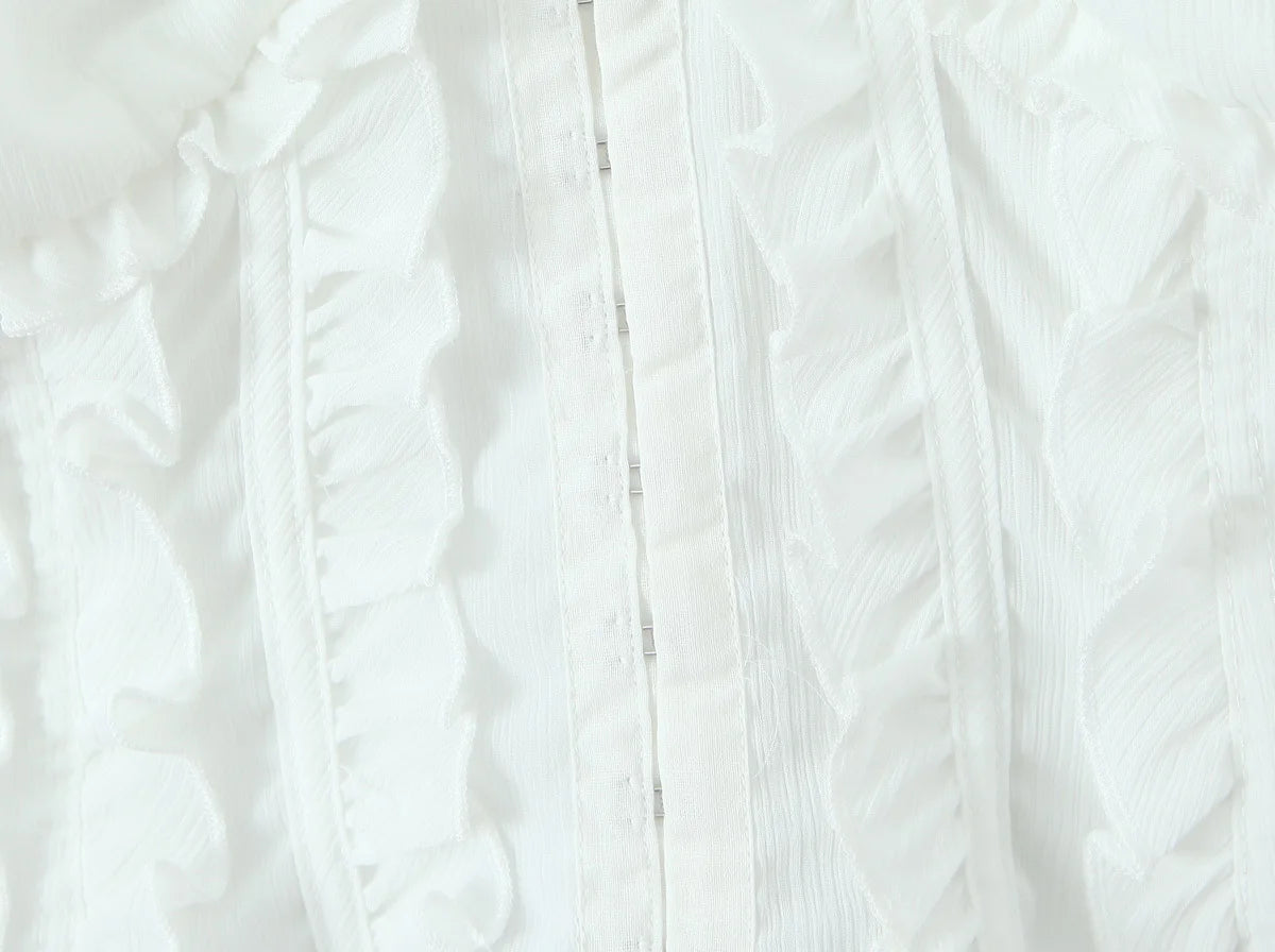 Sunlit Vintage Puff Sleeve V Neck White Chiffon Crop Top Blouse