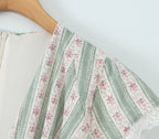 Green French Style Floral Sexy Mini Bohemian Women V-neck Striped Ruffles Dress