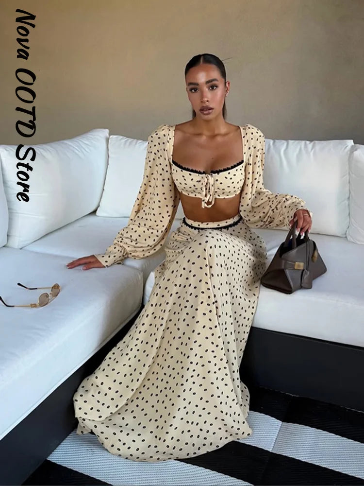 Polka Dot Two-piece Set Square Neck Puff Sleeve Cropped Top With Lace Trim Maxi Skirt