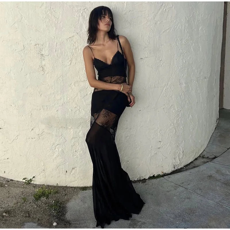 Lace See Through Sling Maxi Dress Evening