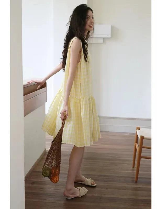 Sunny Plaid Cotton Dress Sleeveless Round Neck Vacation Dress
