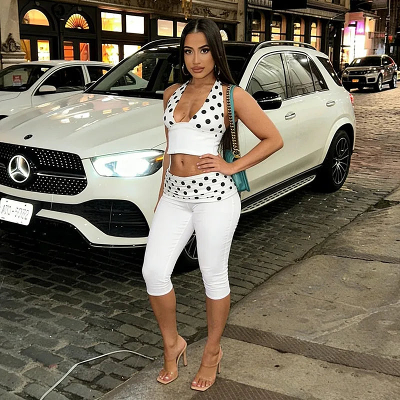 Patchwork Polka Dot Print Two Piece Set With Backless Halter Crop Top And Pleated Waist Capri Pants