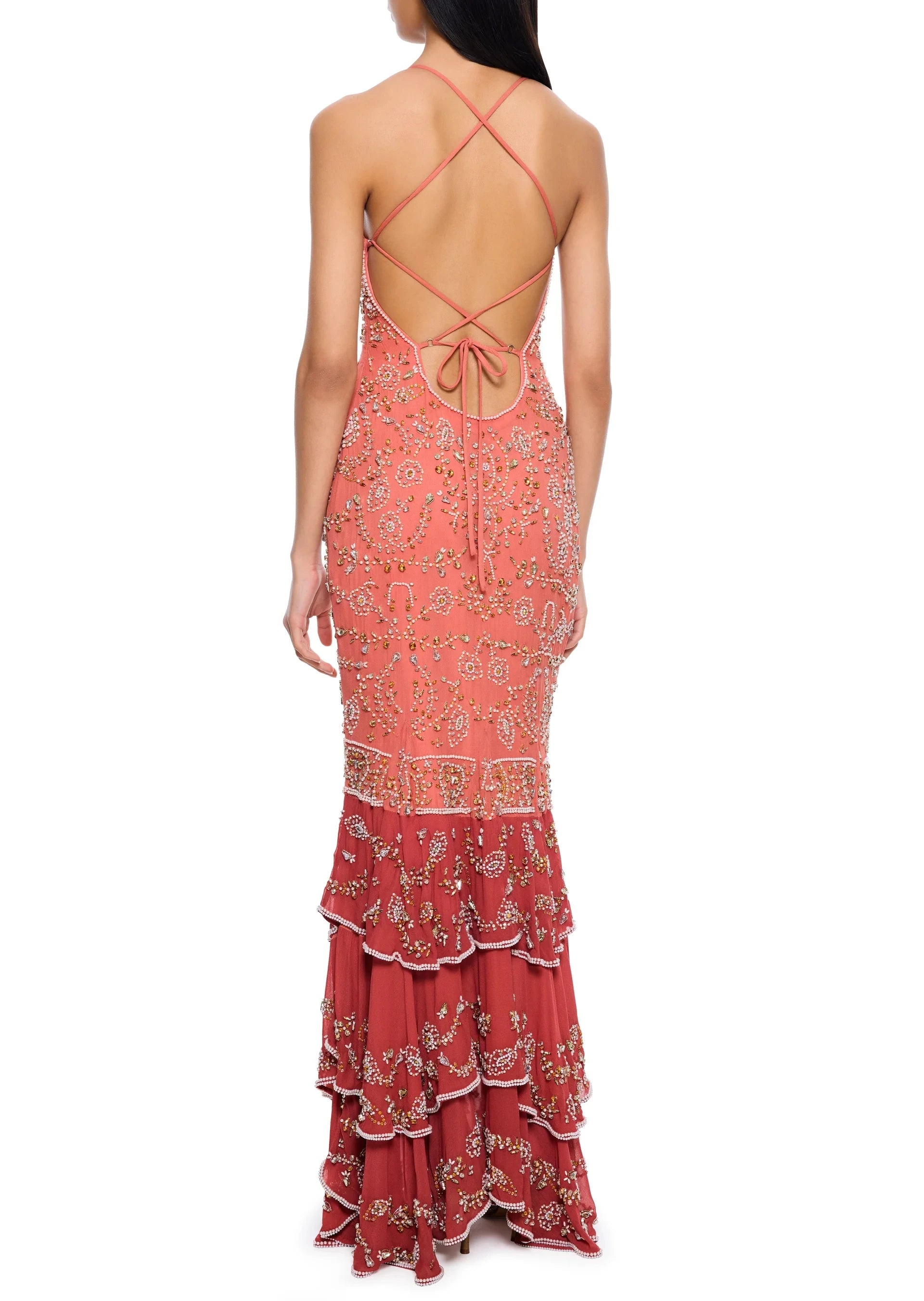 Elegant Crystal Beaded Tiered A Line Floor Length Prom Gown With Detachable Shawl Evening Dress