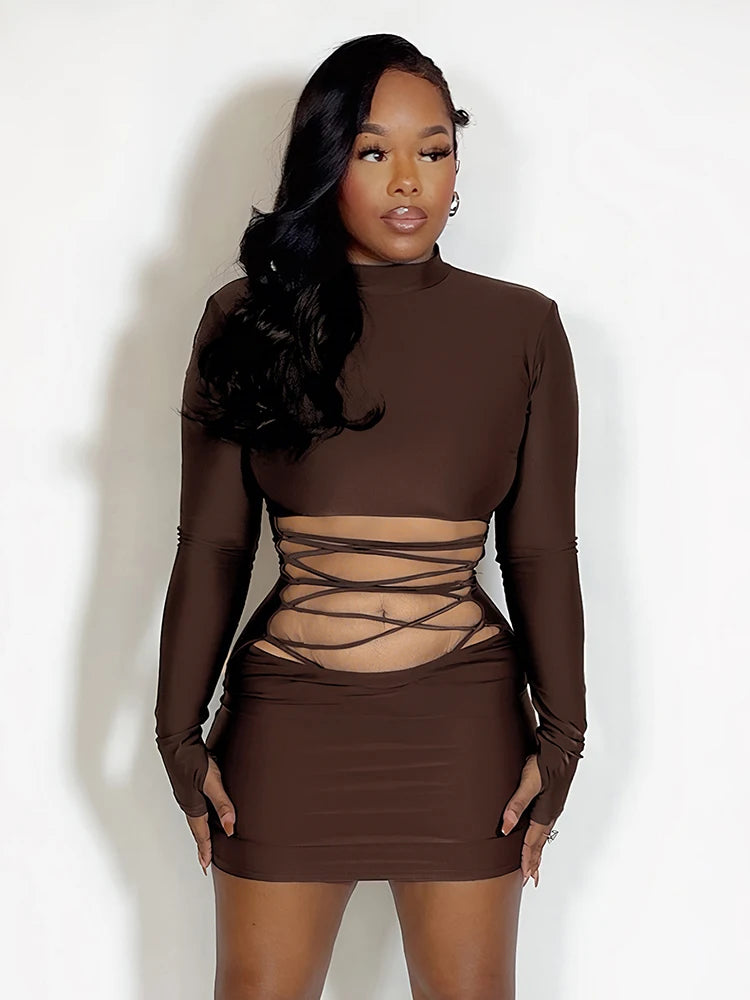 Hollow Out Bandage Mini Dress With High Collar And Long Sleeves