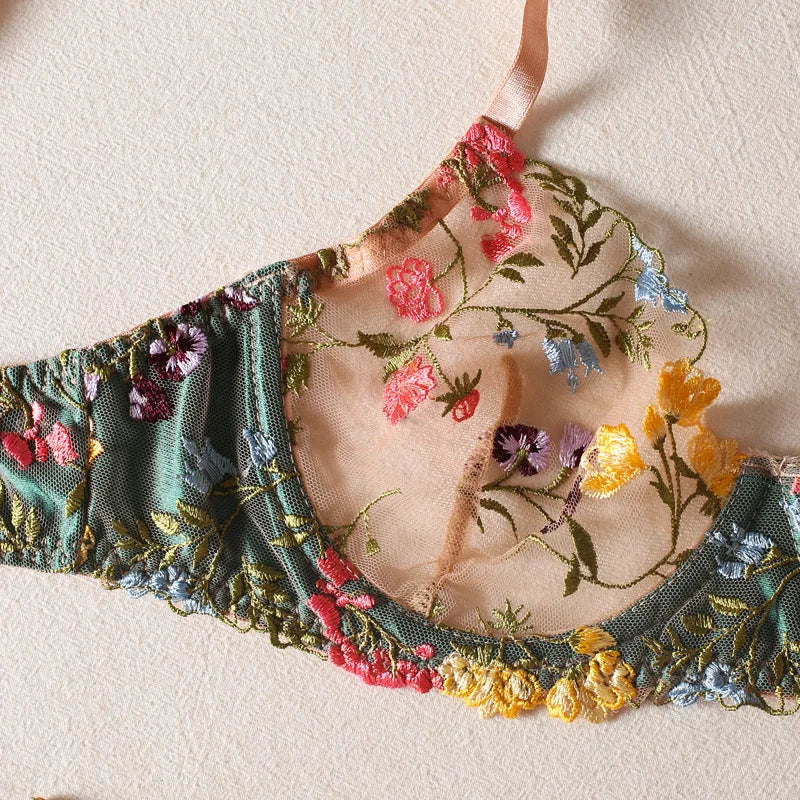 Countryside Embroidered Lingerie Set With Floral Patchwork Bra And Panty Details