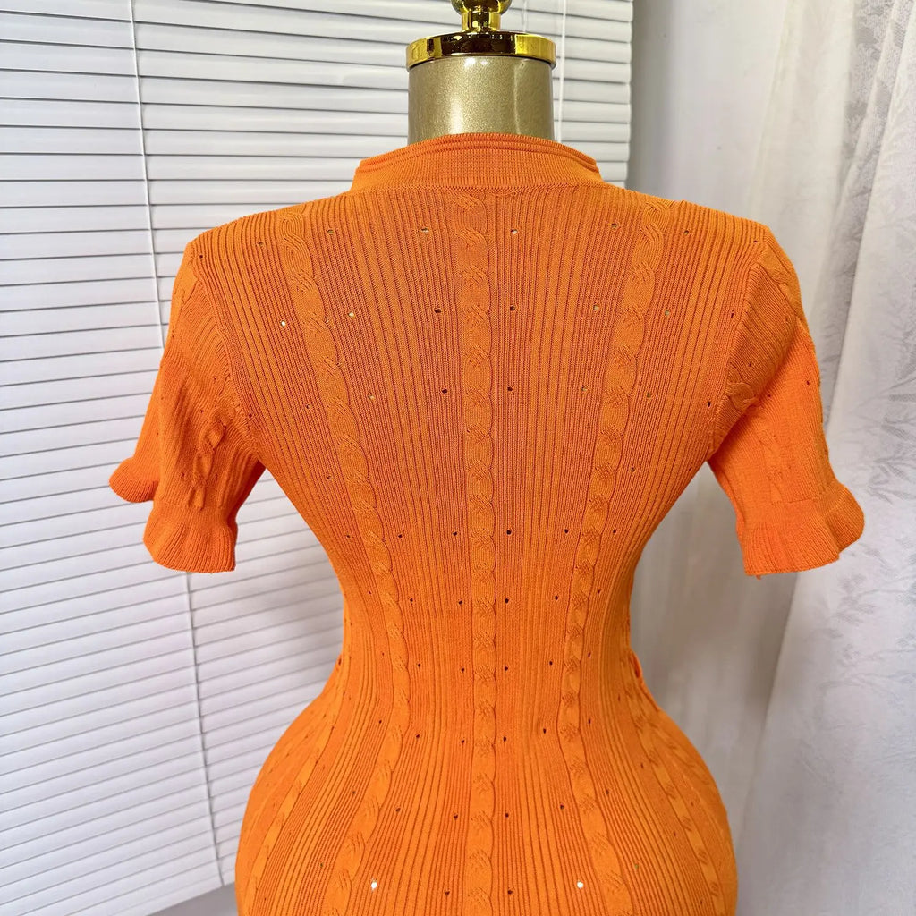 Knit Ribbed Bodycon Midi Dress With O Neck And Short Sleeves
