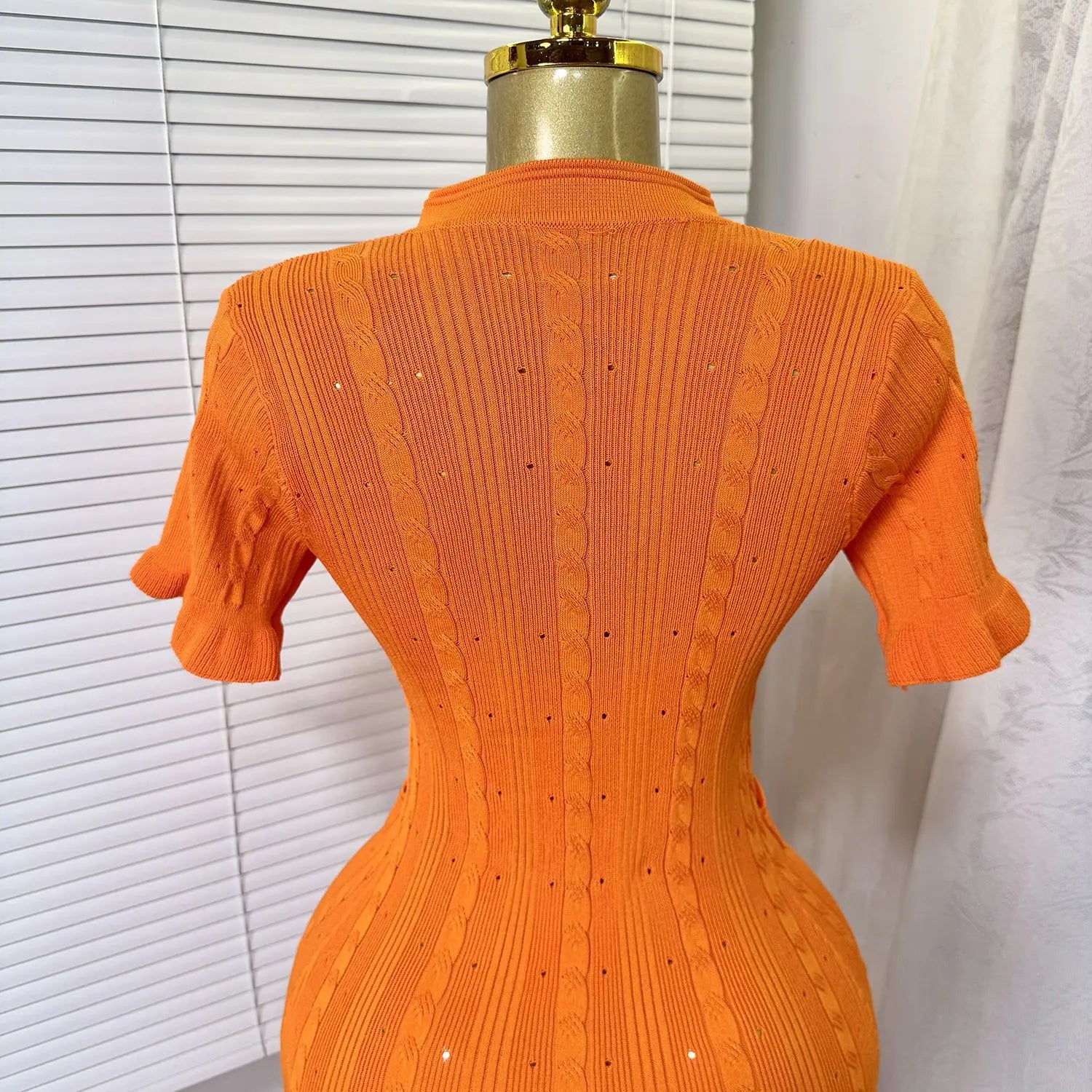 Knit Ribbed Bodycon Midi Dress With O Neck And Short Sleeves