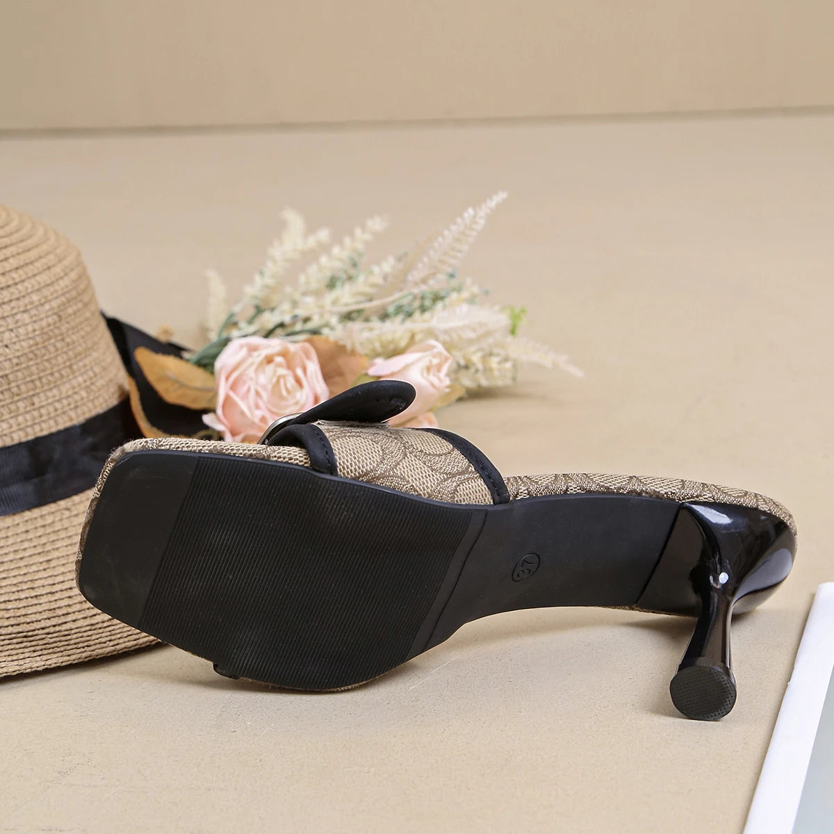 Classic Printed High-Heeled Slide Sandals