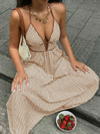 Sea Breeze Striped Deep V Beach Dress With Backless Sleeveless Maxi
