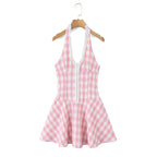 Sweet Plaid Sleeveless Backless Vintage Mini Dress With Halter Neck Slim