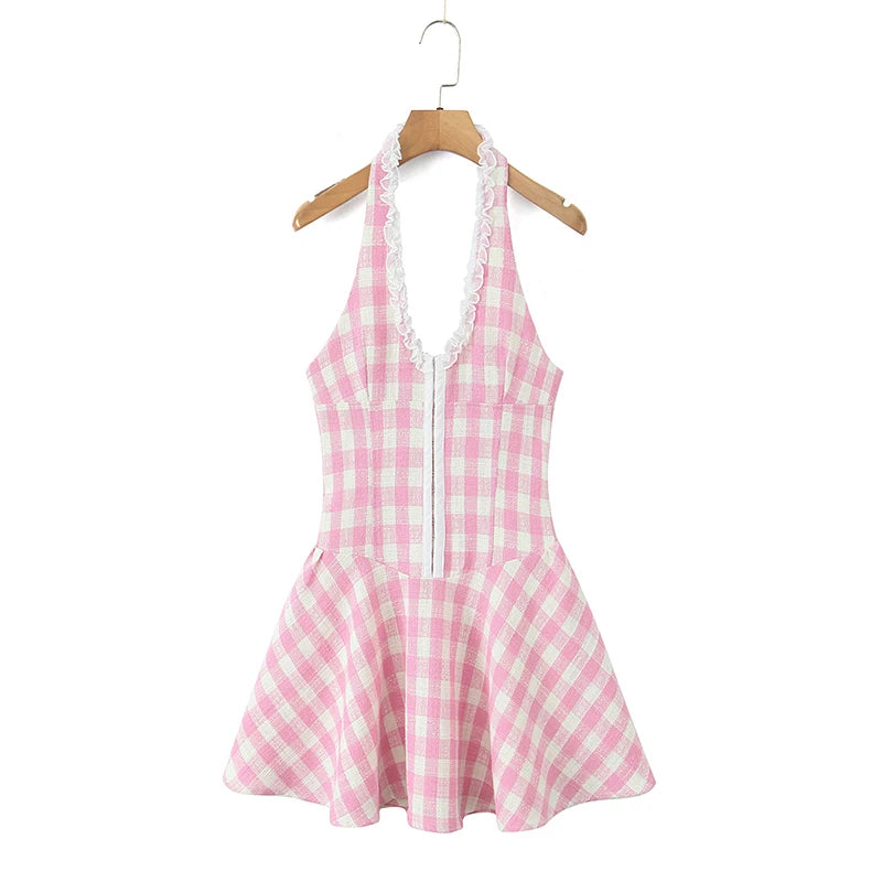 Sweet Plaid Sleeveless Backless Vintage Mini Dress With Halter Neck Slim