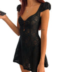 Sheer Lace Mini Dress With V Neck Short Sleeves Hollow Details