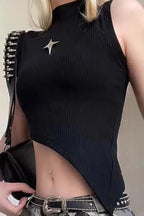 Crop Knit Vest With High Neck And Asymmetrical Hem