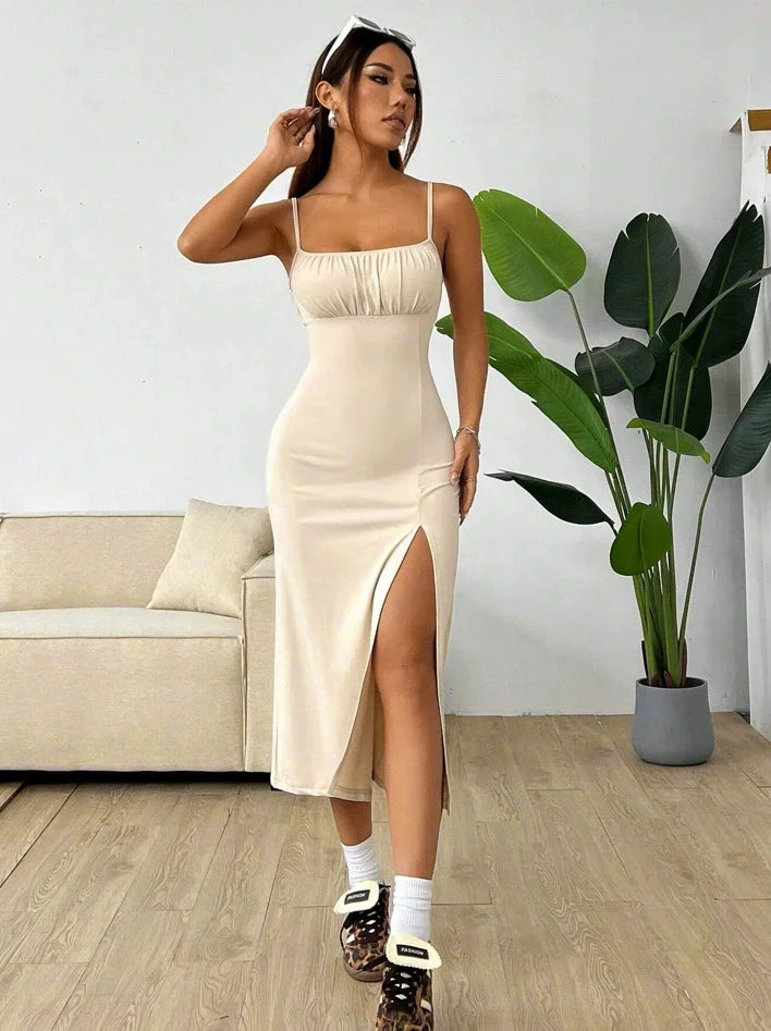 Chic Slit Cami Maxi Dress With Subtle Stretch For Everyday Wear