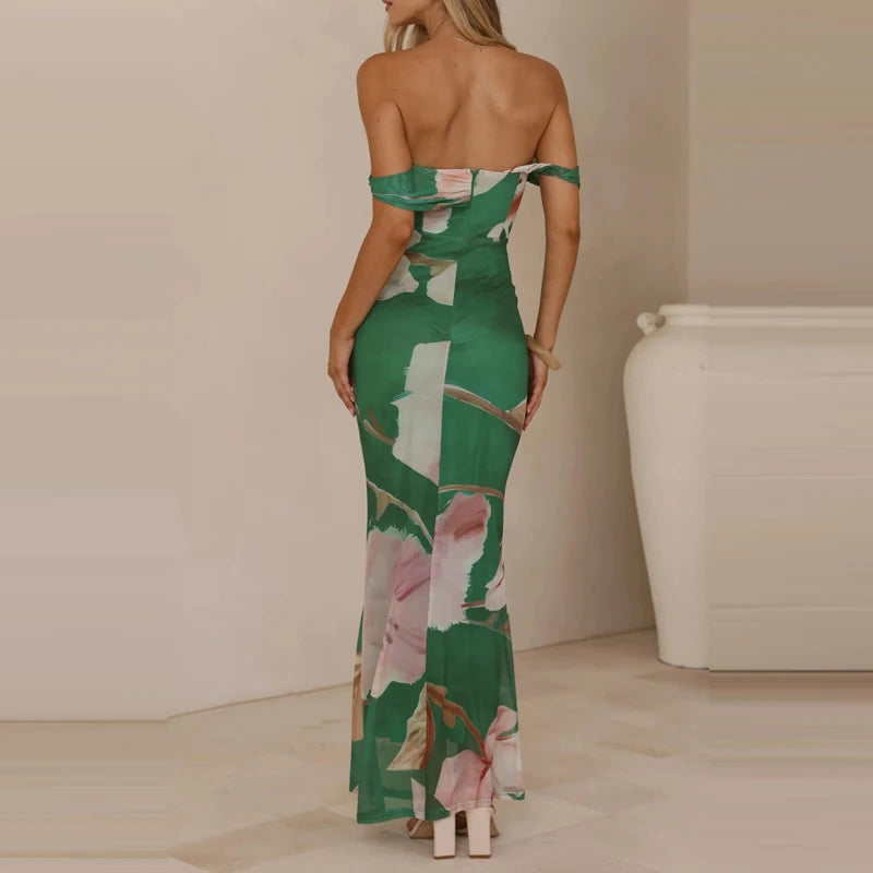 Elegant Floral Mesh Maxi Dress Sleeveless With Slash Collar