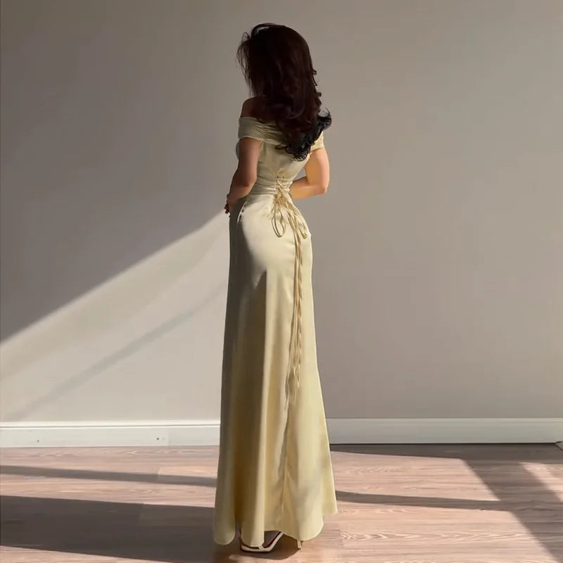 Retro Off Shoulder Satin Dress With Panel Back A Line Silhouette Long
