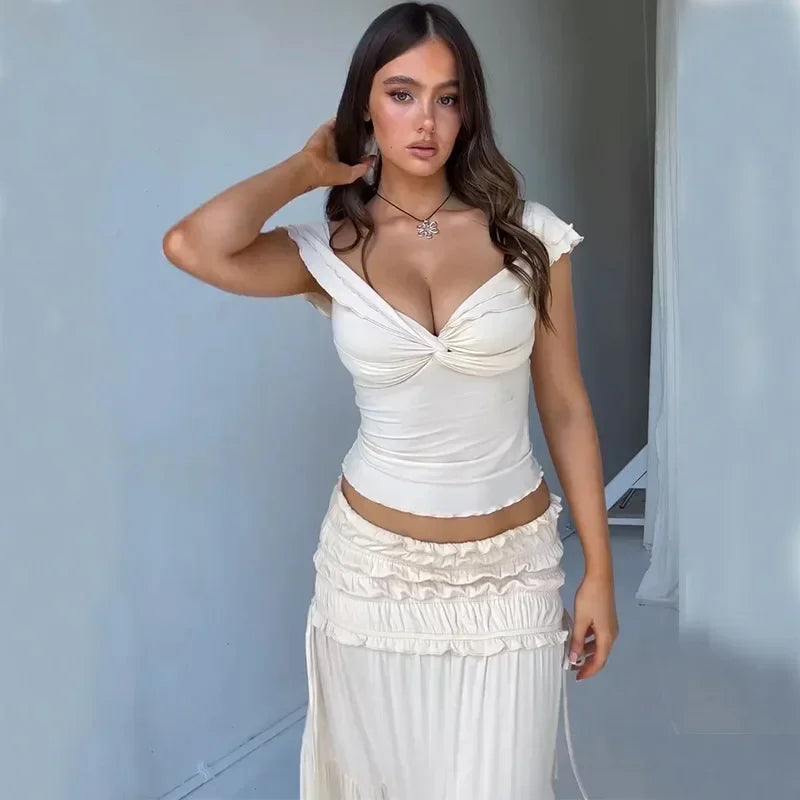 Ruffle 2 Piece Set Women Outfit Crop Top And Skirt Sets