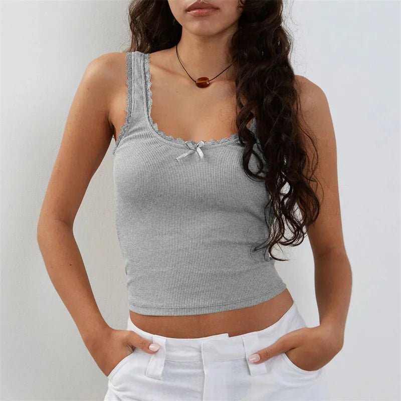 Coquette Lace Trim Knit Crop Top With Bow Sleeveless Square Collar