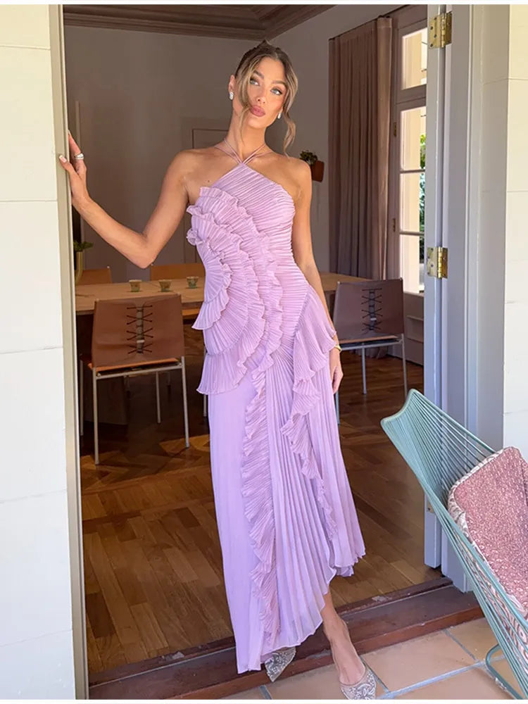 Halter Gown In Chiffon With Backless Ruffles