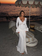 Hollow Out Maxi Dress With Ruched Details Patchwork Lace V Neck Long Sleeve