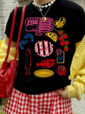 Cotton Tee With Seafood Fruit Pattern Loose Fit Graphic Top Vintage Inspired