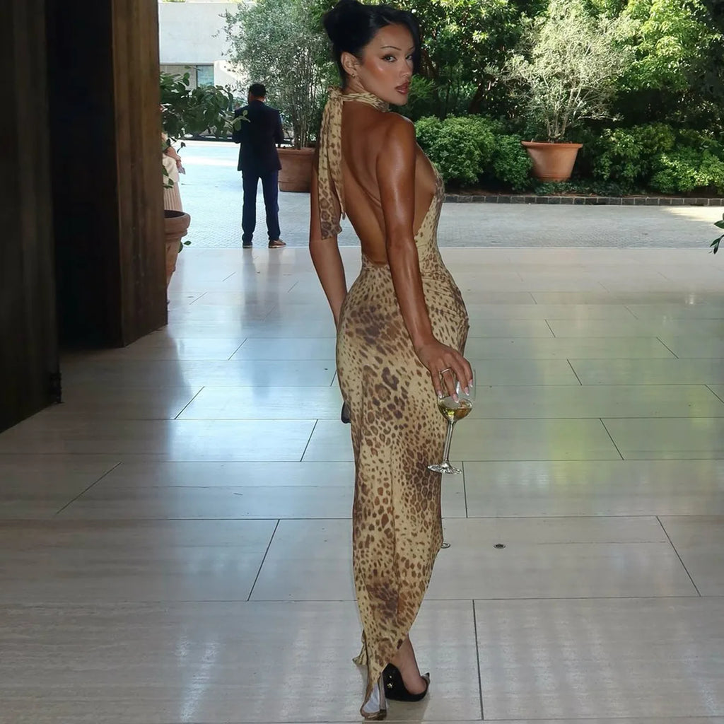 Leopard Print Halter Maxi Dress With Backless Silhouette Embellished Bandage Style