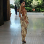 Leopard Print Halter Maxi Dress With Backless Silhouette Embellished Bandage Style