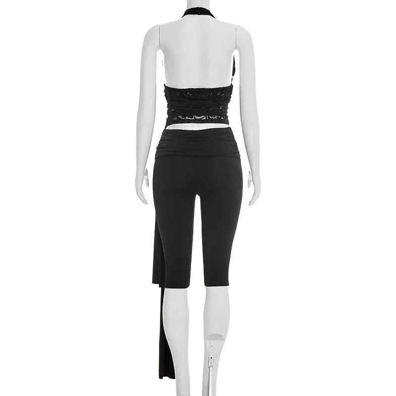 Halter Crop Top two piece Set With Patchwork Pants