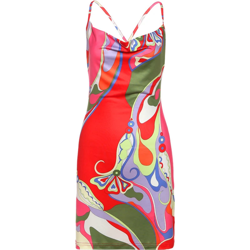 Colorful Print Backless Bodycon Mini Dress