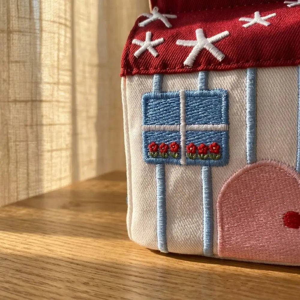 Kawaii Large Capacity Cartoon House Earphone Bag And Embroidery Storage Coin Purse In Red Polyester