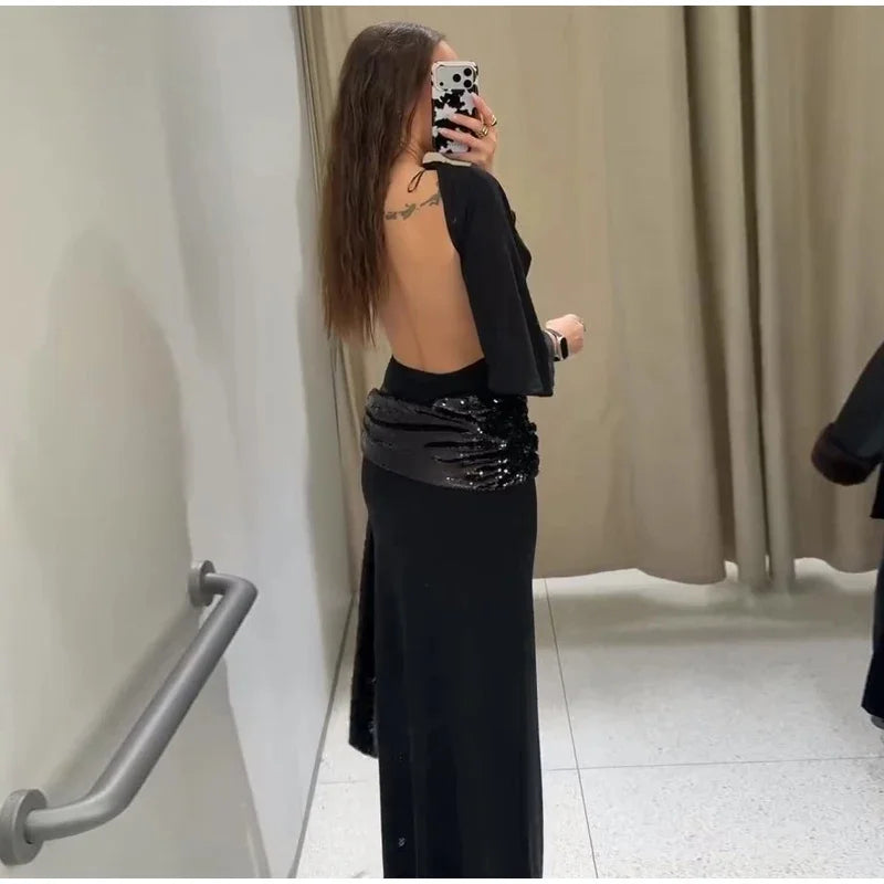 Backless Sequin Patchwork Maxi Dress With Wide Sleeves