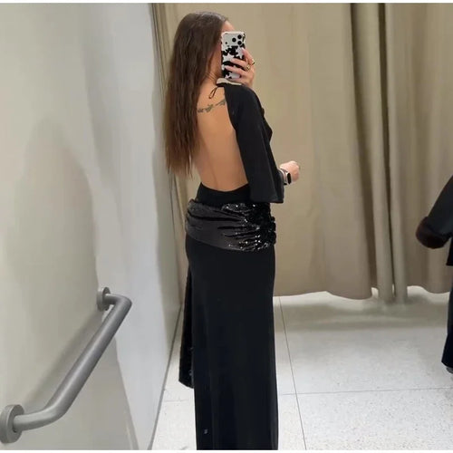 Backless Sequin Patchwork Maxi Dress With Wide Sleeves