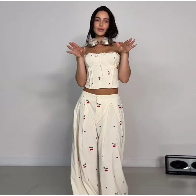 Chic Strips Pants Women Set Patchwork Slash Neck Bandage Top Pleated Asymmetry Trousers